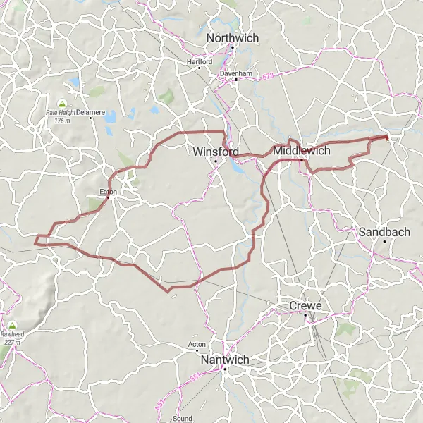 Map miniature of "Scenic Gravel Ride" cycling inspiration in Cheshire, United Kingdom. Generated by Tarmacs.app cycling route planner