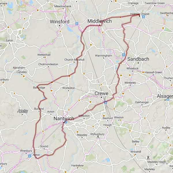 Map miniature of "Cheshire Gravel Loop" cycling inspiration in Cheshire, United Kingdom. Generated by Tarmacs.app cycling route planner