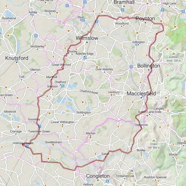 Map miniature of "Cheshire Gravel Adventure" cycling inspiration in Cheshire, United Kingdom. Generated by Tarmacs.app cycling route planner