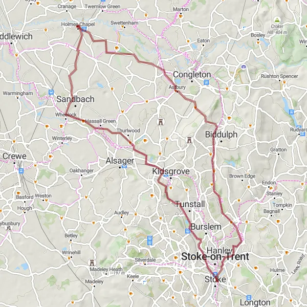 Map miniature of "Gravel Adventure Extravaganza" cycling inspiration in Cheshire, United Kingdom. Generated by Tarmacs.app cycling route planner