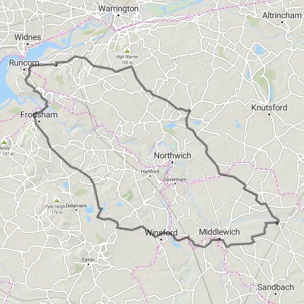 Map miniature of "The Winsford Loop" cycling inspiration in Cheshire, United Kingdom. Generated by Tarmacs.app cycling route planner