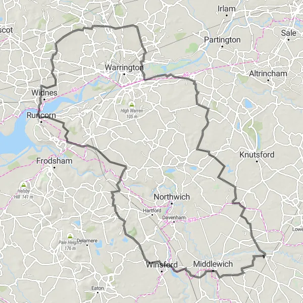 Map miniature of "Cheshire Road Adventure" cycling inspiration in Cheshire, United Kingdom. Generated by Tarmacs.app cycling route planner