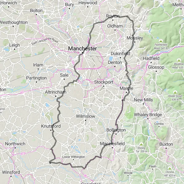 Map miniature of "Cheshire Epic Road Challenge" cycling inspiration in Cheshire, United Kingdom. Generated by Tarmacs.app cycling route planner