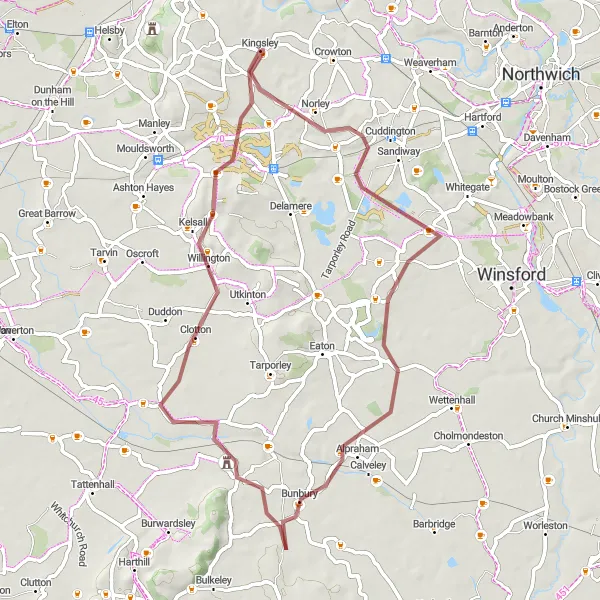 Map miniature of "Norley and Beeston Castle Gravel Loop" cycling inspiration in Cheshire, United Kingdom. Generated by Tarmacs.app cycling route planner