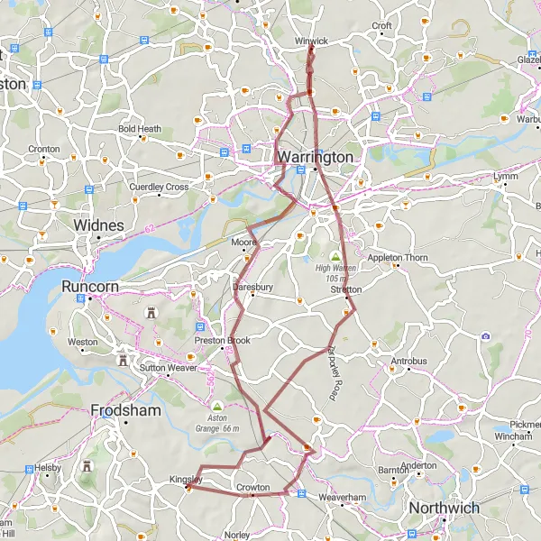 Map miniature of "Discovering Daresbury" cycling inspiration in Cheshire, United Kingdom. Generated by Tarmacs.app cycling route planner