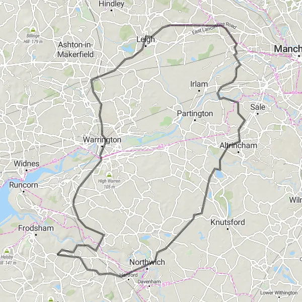 Map miniature of "Cheshire Road Adventure" cycling inspiration in Cheshire, United Kingdom. Generated by Tarmacs.app cycling route planner