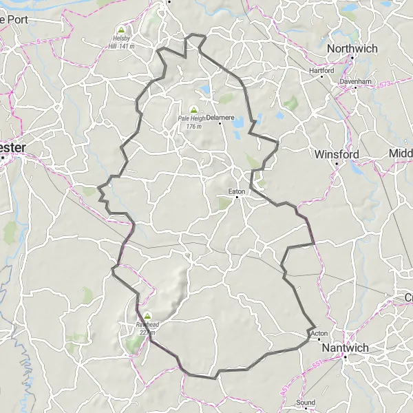 Map miniature of "Cholmondeley Castle Loop" cycling inspiration in Cheshire, United Kingdom. Generated by Tarmacs.app cycling route planner