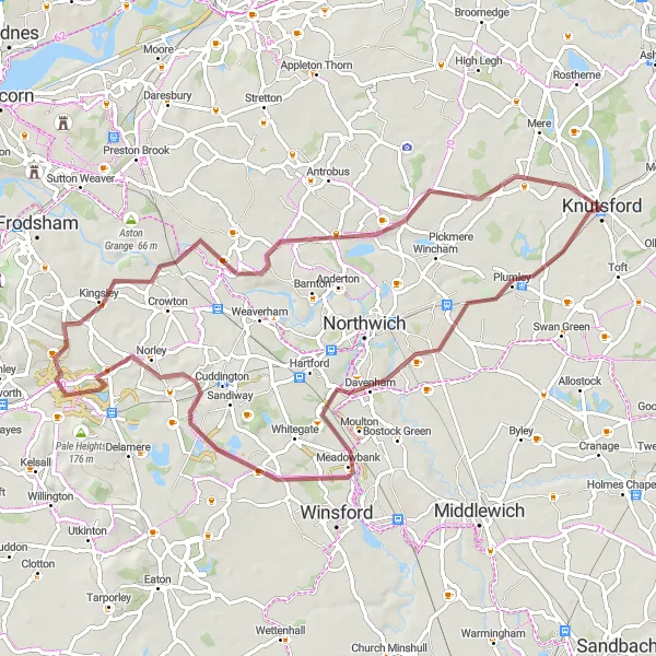 Map miniature of "The Cheshire Gravel Grinder" cycling inspiration in Cheshire, United Kingdom. Generated by Tarmacs.app cycling route planner