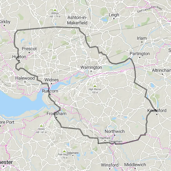 Map miniature of "Cheshire Countryside Loop" cycling inspiration in Cheshire, United Kingdom. Generated by Tarmacs.app cycling route planner