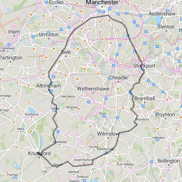 Map miniature of "Scenic Road Adventure" cycling inspiration in Cheshire, United Kingdom. Generated by Tarmacs.app cycling route planner