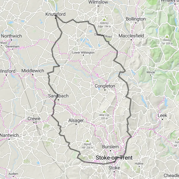 Map miniature of "The Cheshire Road Adventure" cycling inspiration in Cheshire, United Kingdom. Generated by Tarmacs.app cycling route planner