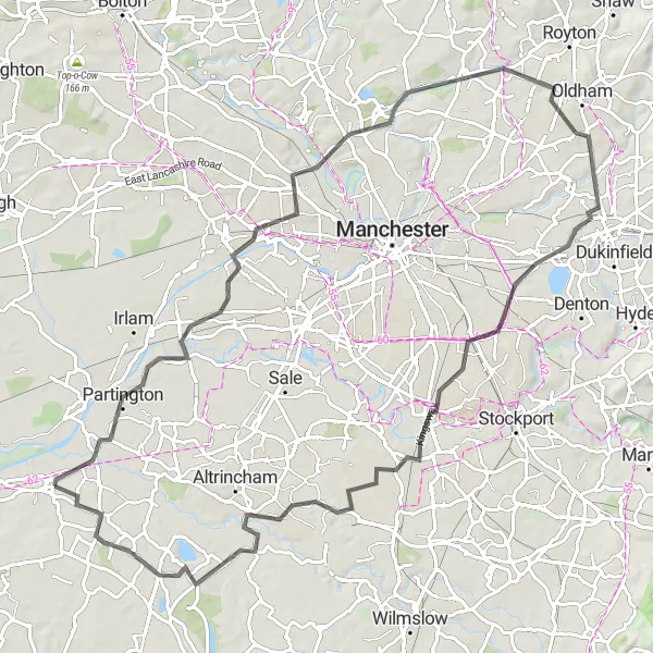 Map miniature of "Lymm Dam and Lancashire Loop" cycling inspiration in Cheshire, United Kingdom. Generated by Tarmacs.app cycling route planner