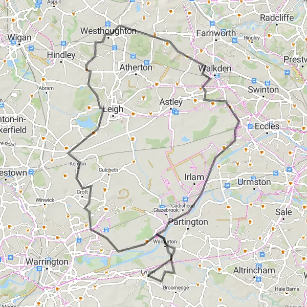 Map miniature of "The Cheshire Countryside" cycling inspiration in Cheshire, United Kingdom. Generated by Tarmacs.app cycling route planner