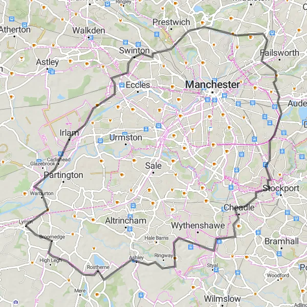 Map miniature of "Cheshire Countryside and Historic Landmarks" cycling inspiration in Cheshire, United Kingdom. Generated by Tarmacs.app cycling route planner