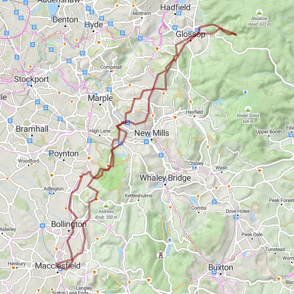 Map miniature of "Peak District Gravel Challenge" cycling inspiration in Cheshire, United Kingdom. Generated by Tarmacs.app cycling route planner