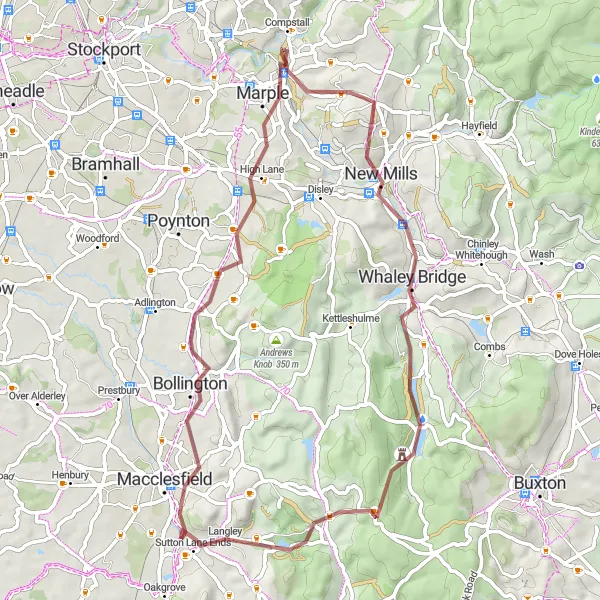Map miniature of "Bollington Loop" cycling inspiration in Cheshire, United Kingdom. Generated by Tarmacs.app cycling route planner