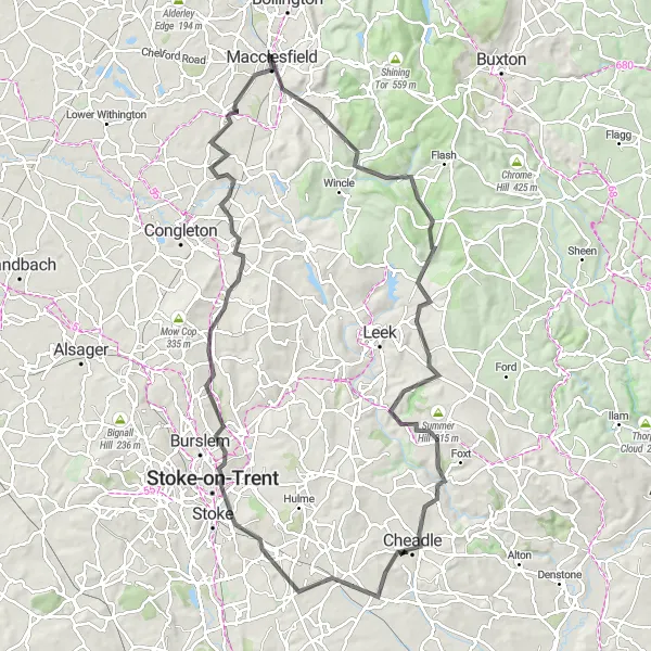 Map miniature of "The Staffordshire Loop" cycling inspiration in Cheshire, United Kingdom. Generated by Tarmacs.app cycling route planner