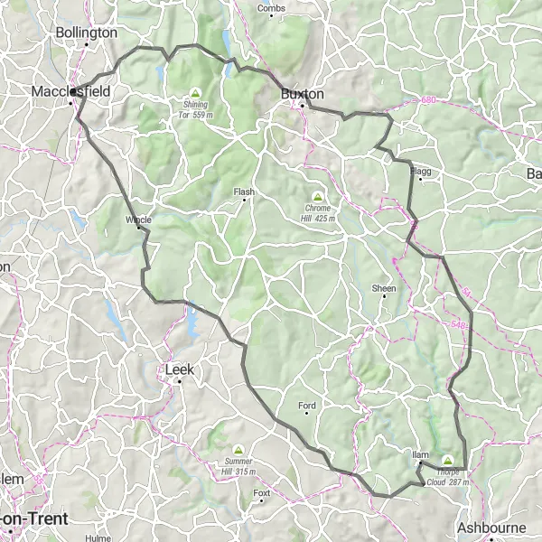 Map miniature of "The Peak District Challenge" cycling inspiration in Cheshire, United Kingdom. Generated by Tarmacs.app cycling route planner