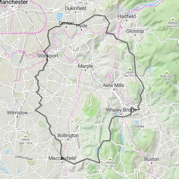 Map miniature of "The Cheshire Challenge" cycling inspiration in Cheshire, United Kingdom. Generated by Tarmacs.app cycling route planner