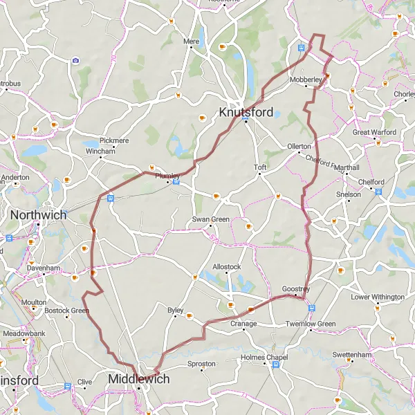 Map miniature of "Scenic Gravel Delight" cycling inspiration in Cheshire, United Kingdom. Generated by Tarmacs.app cycling route planner