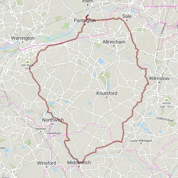 Map miniature of "Countryside Gravel Loop" cycling inspiration in Cheshire, United Kingdom. Generated by Tarmacs.app cycling route planner