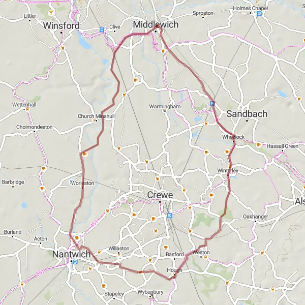 Map miniature of "Middlewich to Stanthorne Gravel Cycling Route" cycling inspiration in Cheshire, United Kingdom. Generated by Tarmacs.app cycling route planner