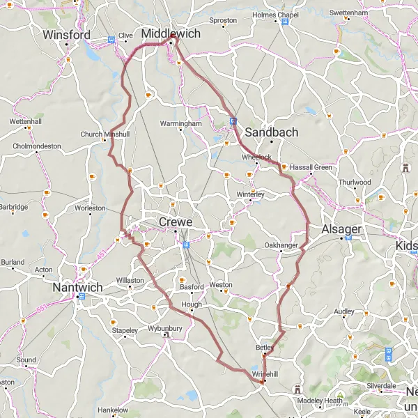 Map miniature of "Gravel Adventure in Cheshire" cycling inspiration in Cheshire, United Kingdom. Generated by Tarmacs.app cycling route planner