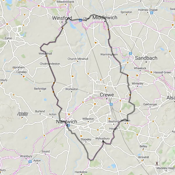 Map miniature of "Middlewich to Stanthorne Scenic Road Cycling Route" cycling inspiration in Cheshire, United Kingdom. Generated by Tarmacs.app cycling route planner