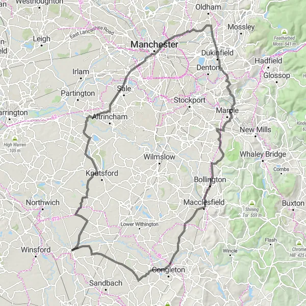 Map miniature of "Middlewich to Sproston via Stunning Hills Road Cycling Route" cycling inspiration in Cheshire, United Kingdom. Generated by Tarmacs.app cycling route planner