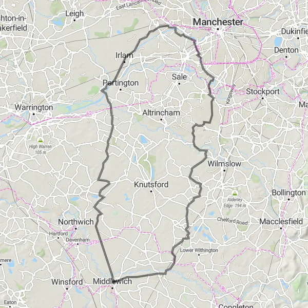 Map miniature of "Middlewich Loop" cycling inspiration in Cheshire, United Kingdom. Generated by Tarmacs.app cycling route planner