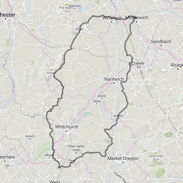 Map miniature of "Cheshire Road Ride" cycling inspiration in Cheshire, United Kingdom. Generated by Tarmacs.app cycling route planner
