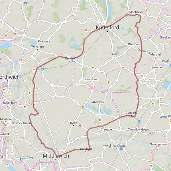 Map miniature of "Goostrey Gravel Adventure" cycling inspiration in Cheshire, United Kingdom. Generated by Tarmacs.app cycling route planner