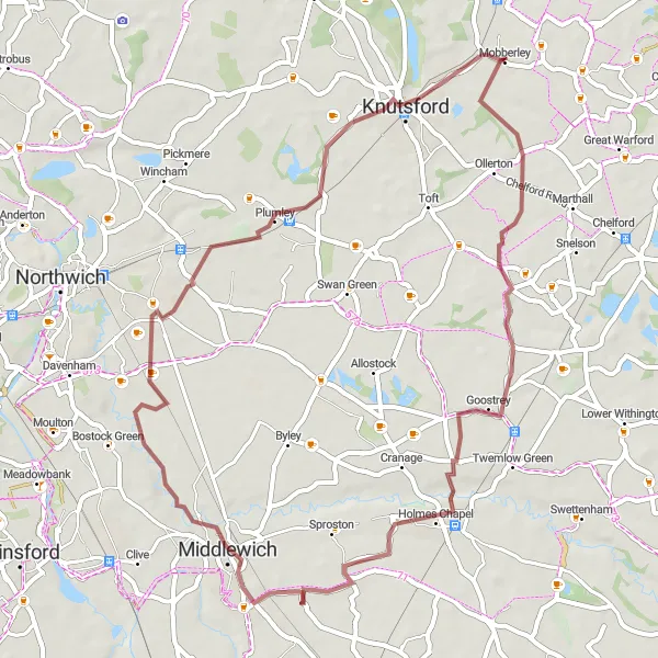 Map miniature of "Exploring the Cheshire countryside" cycling inspiration in Cheshire, United Kingdom. Generated by Tarmacs.app cycling route planner