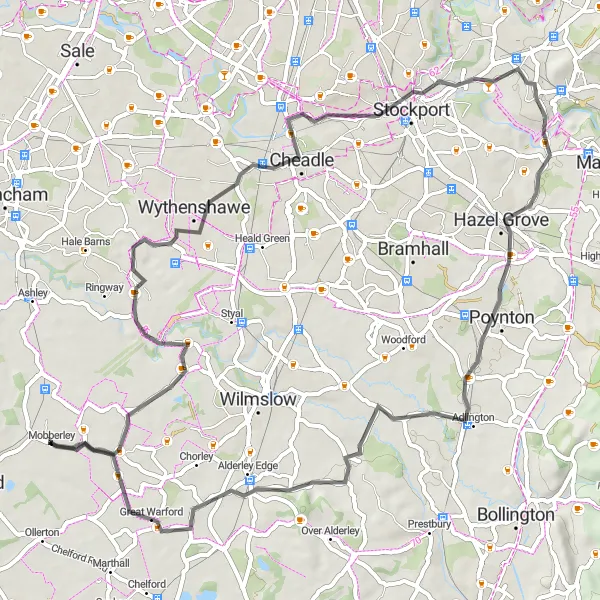 Map miniature of "Peaks and Valleys Road Ride" cycling inspiration in Cheshire, United Kingdom. Generated by Tarmacs.app cycling route planner