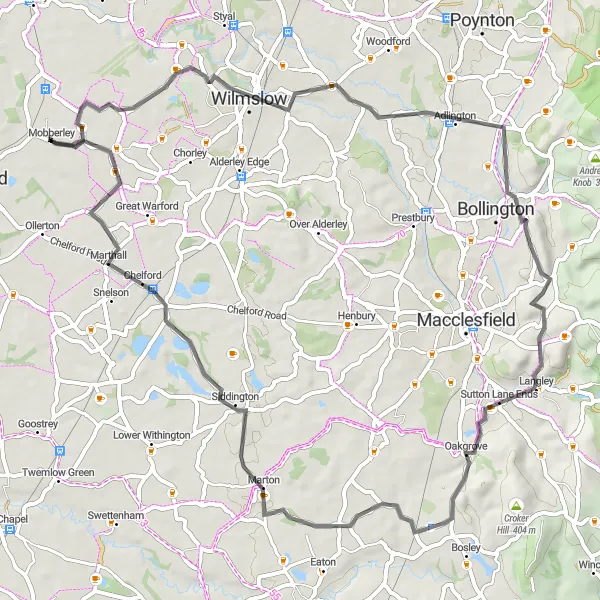 Map miniature of "The Peak District Challenge" cycling inspiration in Cheshire, United Kingdom. Generated by Tarmacs.app cycling route planner