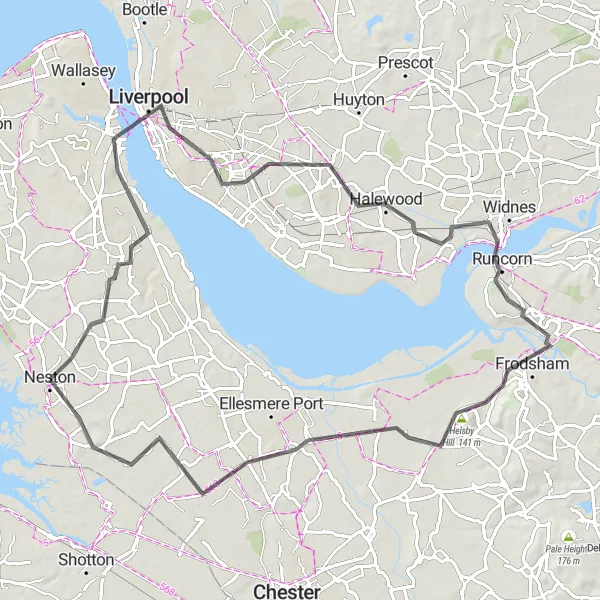 Map miniature of "Neston to Liverpool Loop" cycling inspiration in Cheshire, United Kingdom. Generated by Tarmacs.app cycling route planner