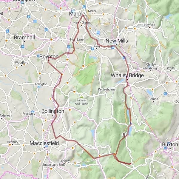 Map miniature of "Whaley Bridge and Bollington Gravel Adventure" cycling inspiration in Cheshire, United Kingdom. Generated by Tarmacs.app cycling route planner