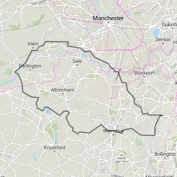 Map miniature of "Wilmslow and Didsbury Road Loop" cycling inspiration in Cheshire, United Kingdom. Generated by Tarmacs.app cycling route planner