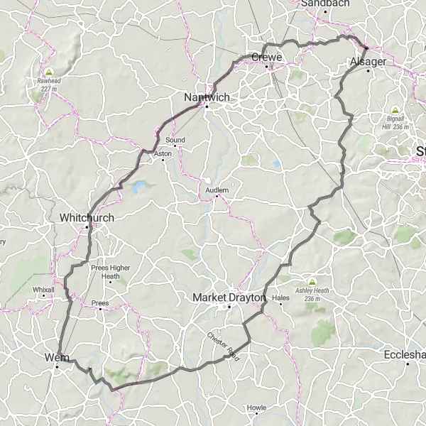 Map miniature of "Road Adventure" cycling inspiration in Cheshire, United Kingdom. Generated by Tarmacs.app cycling route planner