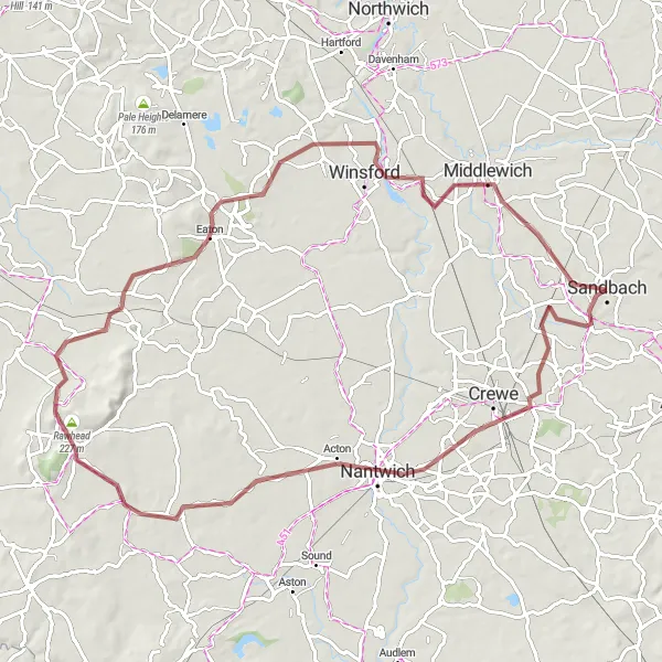 Map miniature of "Crewe Green and Tarporley Gravel Route" cycling inspiration in Cheshire, United Kingdom. Generated by Tarmacs.app cycling route planner