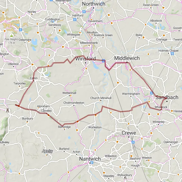 Map miniature of "The Gravel Adventure" cycling inspiration in Cheshire, United Kingdom. Generated by Tarmacs.app cycling route planner