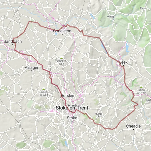 Map miniature of "Cheshire Gravel Adventure" cycling inspiration in Cheshire, United Kingdom. Generated by Tarmacs.app cycling route planner