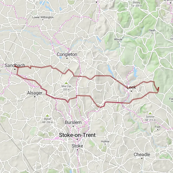 Map miniature of "Church Lawton and Goldenhill Gravel Route" cycling inspiration in Cheshire, United Kingdom. Generated by Tarmacs.app cycling route planner