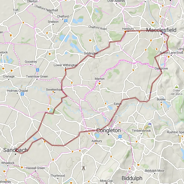 Map miniature of "Lower Withington and Macclesfield Gravel Route" cycling inspiration in Cheshire, United Kingdom. Generated by Tarmacs.app cycling route planner