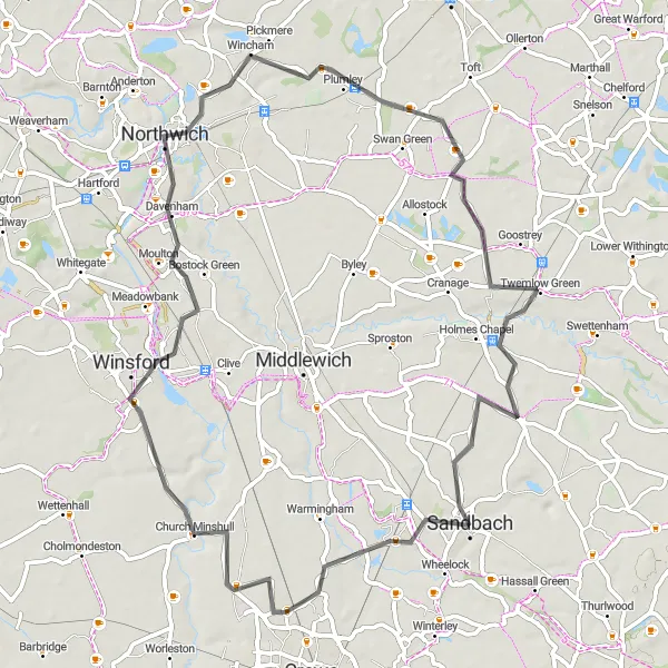 Map miniature of "Sandbach Circuit" cycling inspiration in Cheshire, United Kingdom. Generated by Tarmacs.app cycling route planner