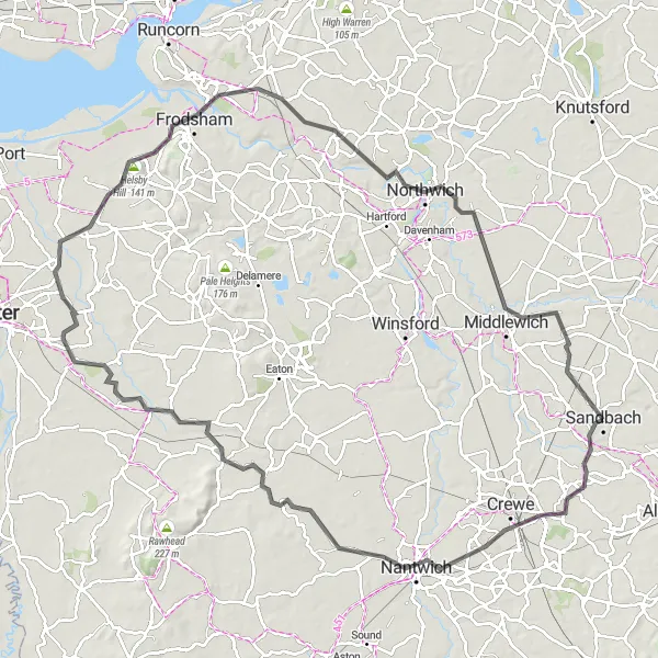 Map miniature of "Nantwich Loop" cycling inspiration in Cheshire, United Kingdom. Generated by Tarmacs.app cycling route planner