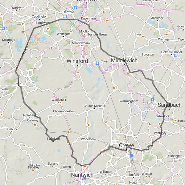 Map miniature of "Haslington Exploration" cycling inspiration in Cheshire, United Kingdom. Generated by Tarmacs.app cycling route planner