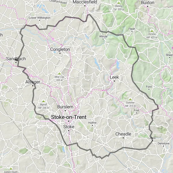 Map miniature of "Twemlow and Alsager Road Route" cycling inspiration in Cheshire, United Kingdom. Generated by Tarmacs.app cycling route planner