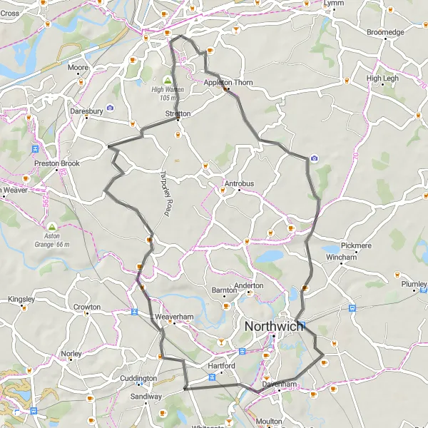 Map miniature of "Road Cycling Delight" cycling inspiration in Cheshire, United Kingdom. Generated by Tarmacs.app cycling route planner