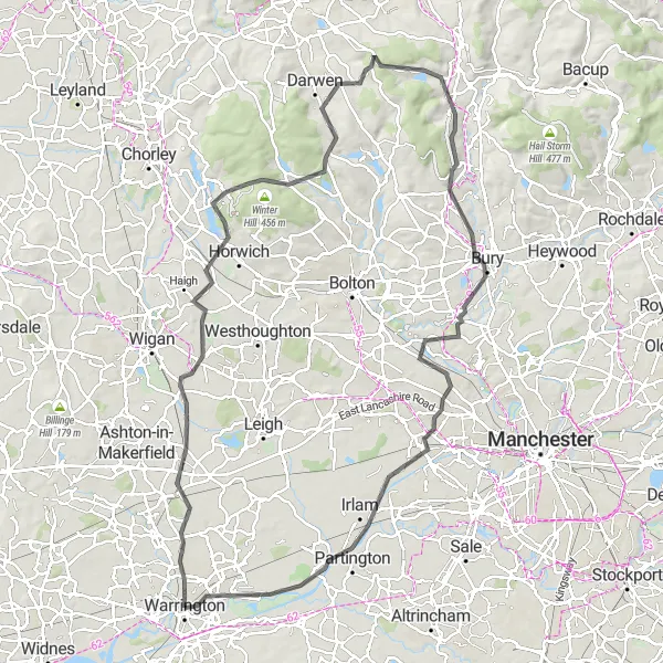 Map miniature of "Challenging Cheshire Hills" cycling inspiration in Cheshire, United Kingdom. Generated by Tarmacs.app cycling route planner